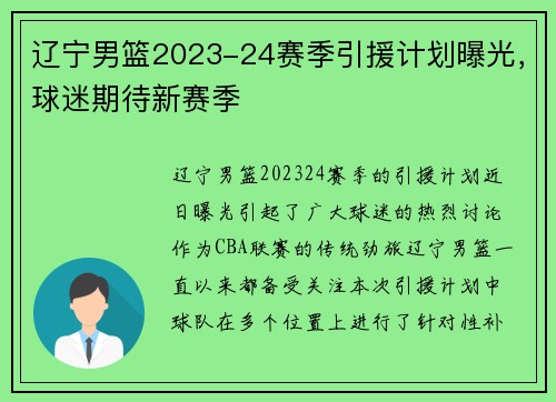 辽宁男篮2023-24赛季引援计划曝光，球迷期待新赛季